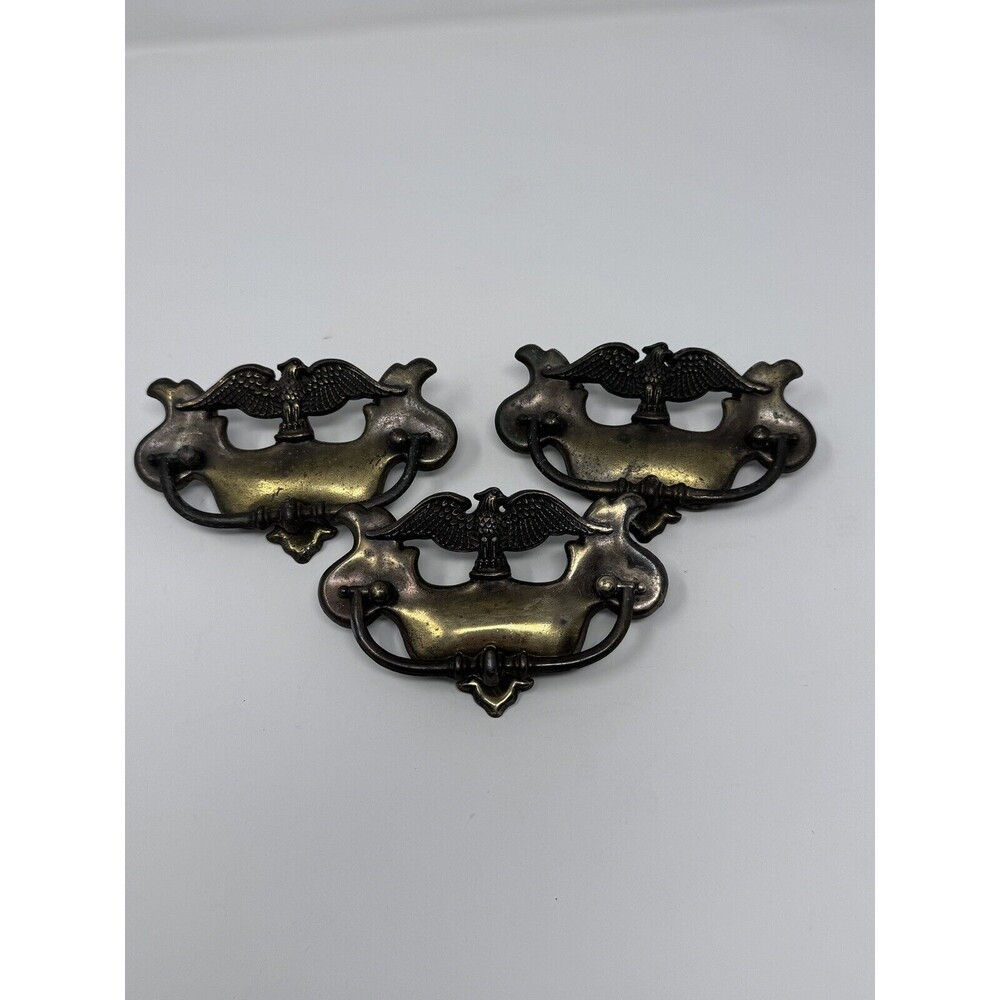 Vintage Ornate Metal Eagle Brass Plate Drawer Pull Dresser Furniture Hardware x3
